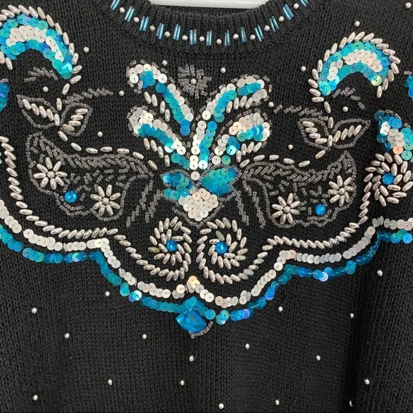 Vintage 80s Grannycore Embellished Pullover Sweater Black Beaded Womens Medium - Picture 6 of 10